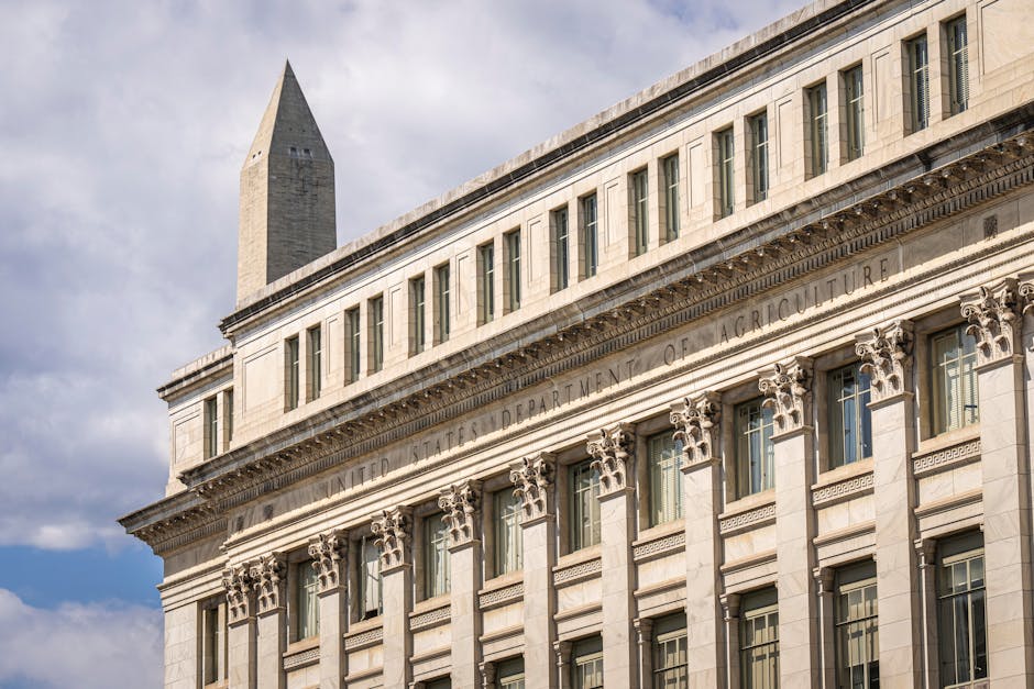 The historic Federal Reserve building with its imposing marble columns under a clear blue sky