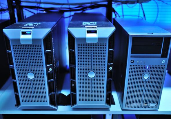 A high-performance server room with blue lights and cables