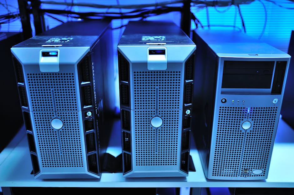 A high-performance server room with blue lights and cables