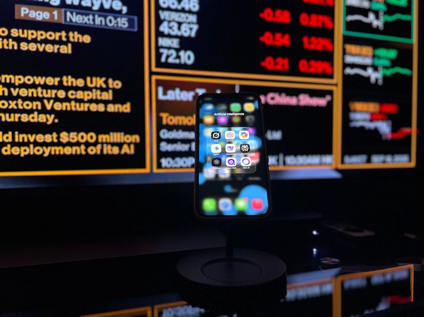 A digital graphic combining financial metrics with a futuristic artificial intelligence motif