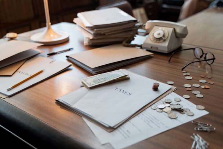 A clean office desk with spreadsheets, a calculator, and a pen