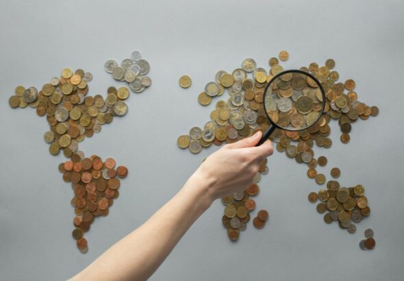 A modern world map reflecting international financial data
