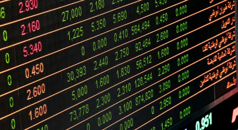 A professional desk displaying financial charts, stock market graphs on screens, and trading analysis data.