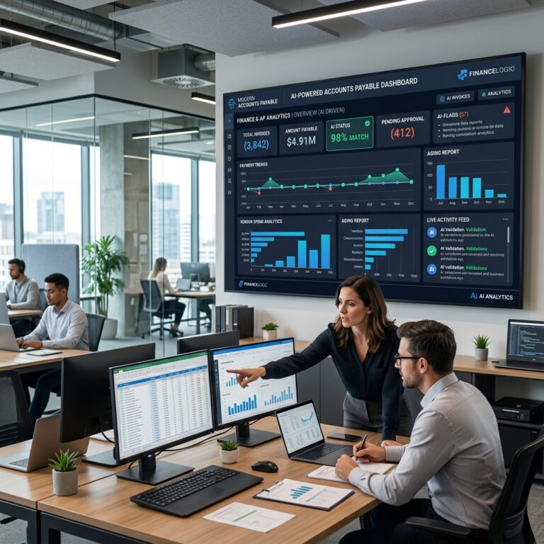 Modern office showing a digital accounts payable dashboard powered by artificial intelligence