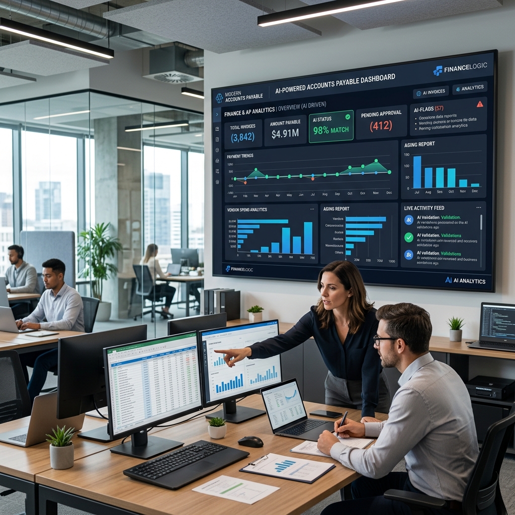 Modern office showing a digital accounts payable dashboard powered by artificial intelligence