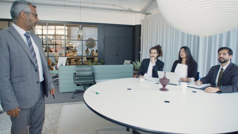 A professional business meeting inside a modern office conference room