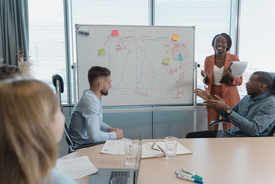 Professionals collaborating in a corporate meeting room on sustainability goals.