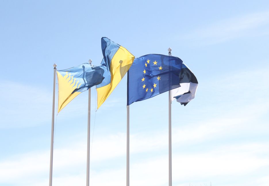 European Union flags flying outside a corporate business center