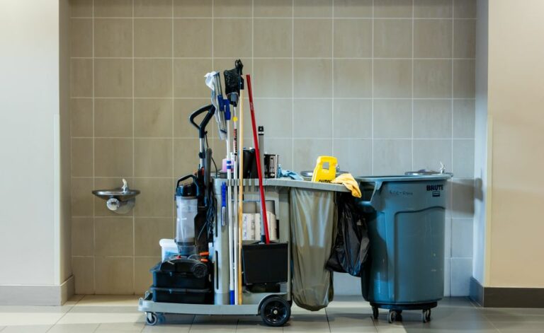 Commercial janitorial staff cleaning an office building representing cleaning service accounting methods