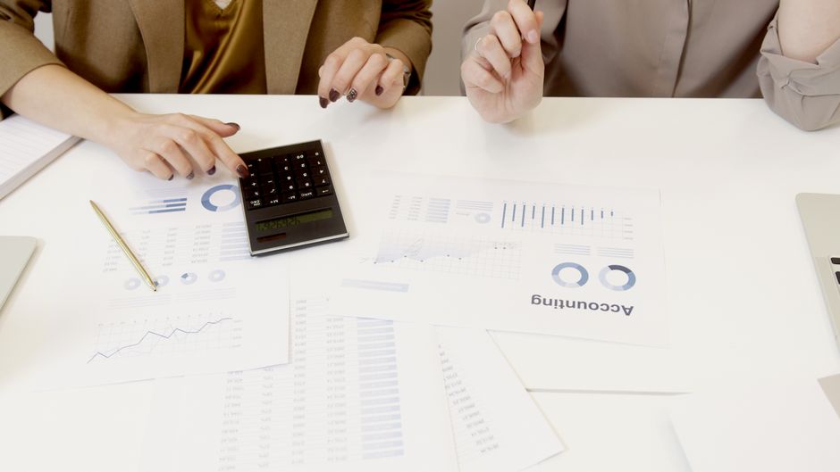 An accountant analyzing financial software spreadsheets and reconciliations.