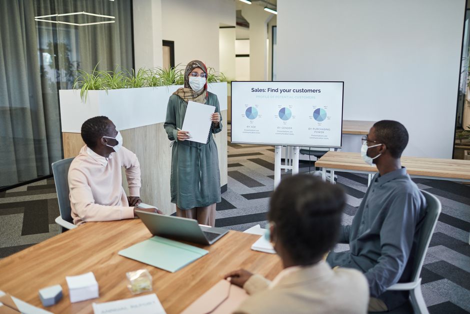Corporate sales and marketing expenditure presentation on an office monitor